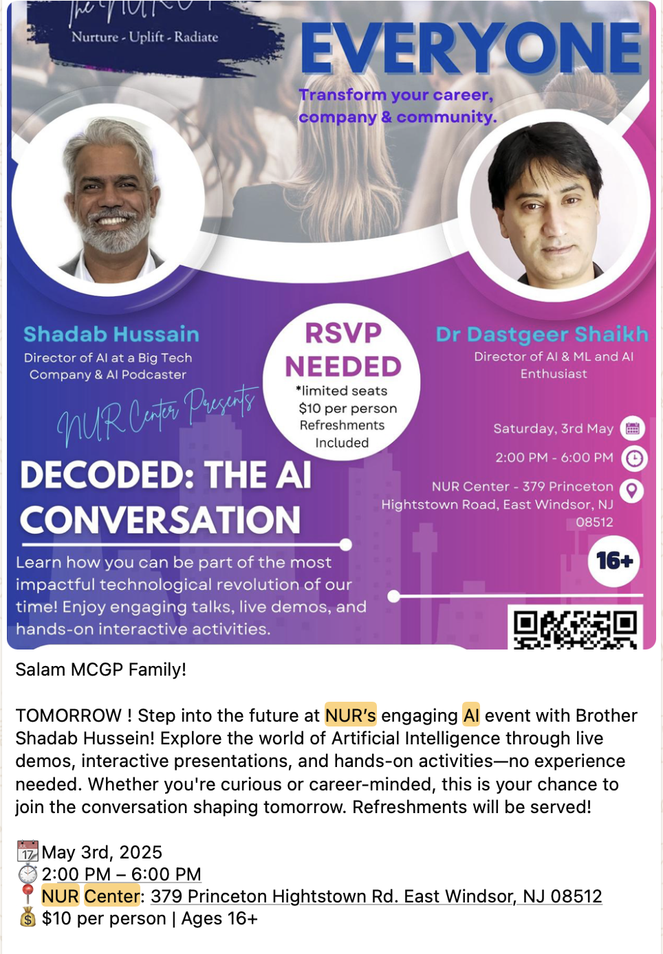 Flyer for Decoded: The AI Conversation at NUR Center on May 3, 2025