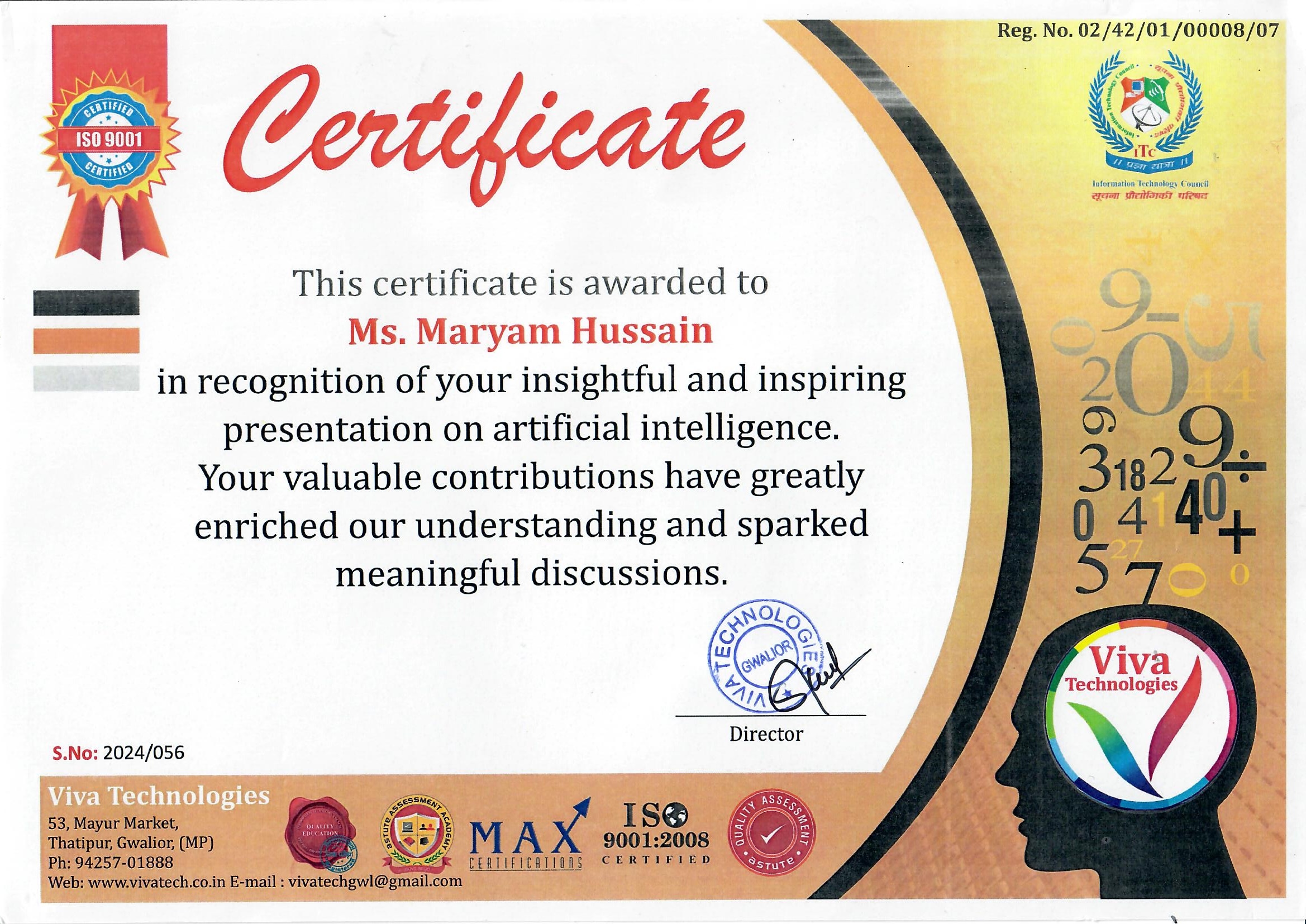 Certificate awarded to Maryam Hussain for an artificial intelligence presentation in India