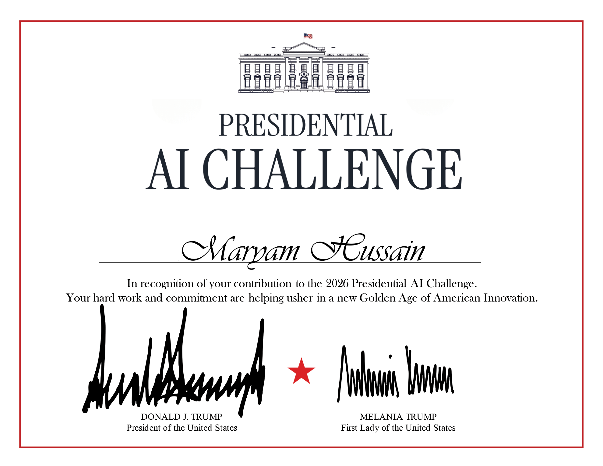 Presidential AI Challenge certificate awarded to Maryam Hussain for participation in the 2026 challenge