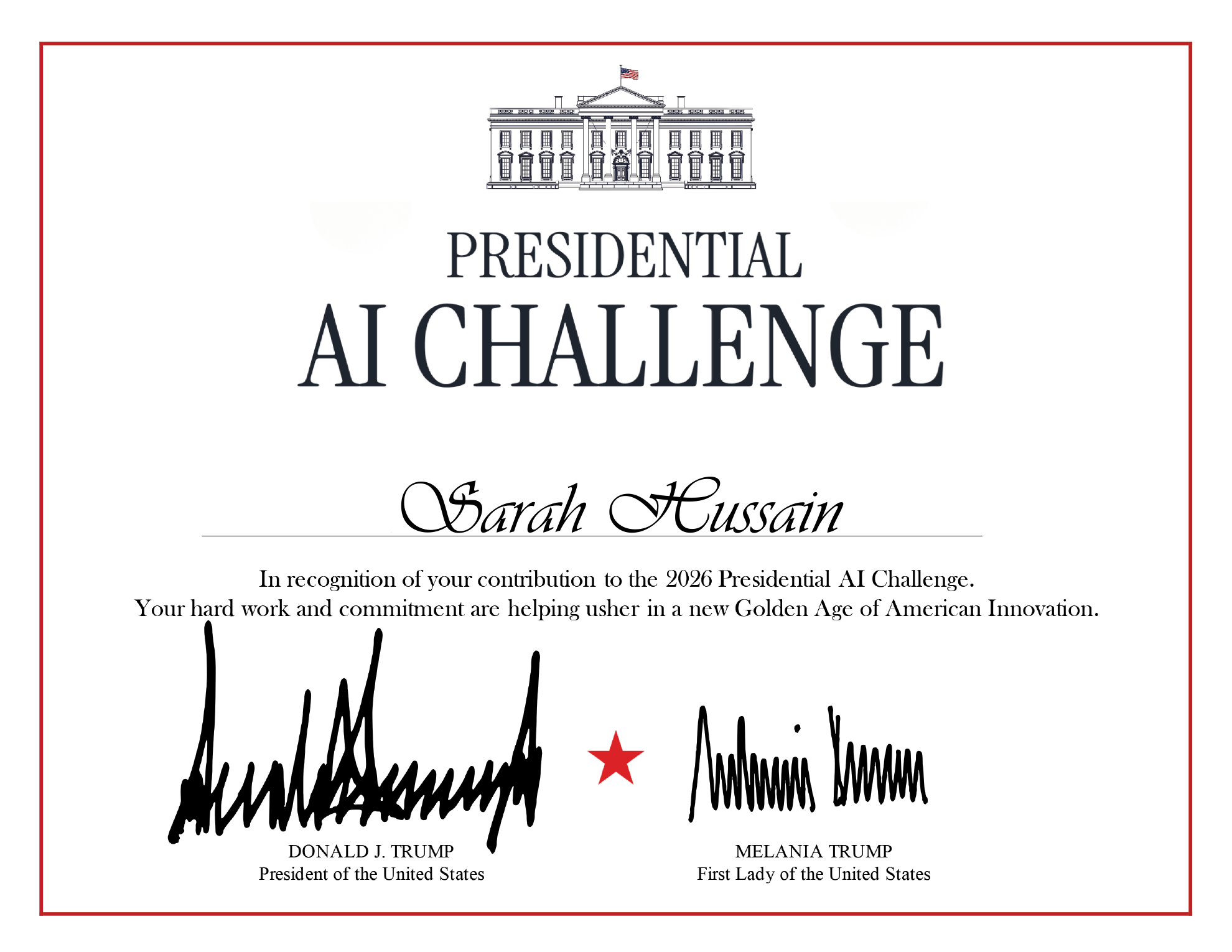 Presidential AI Challenge certificate awarded to Sarah Hussain for participation in the 2026 challenge