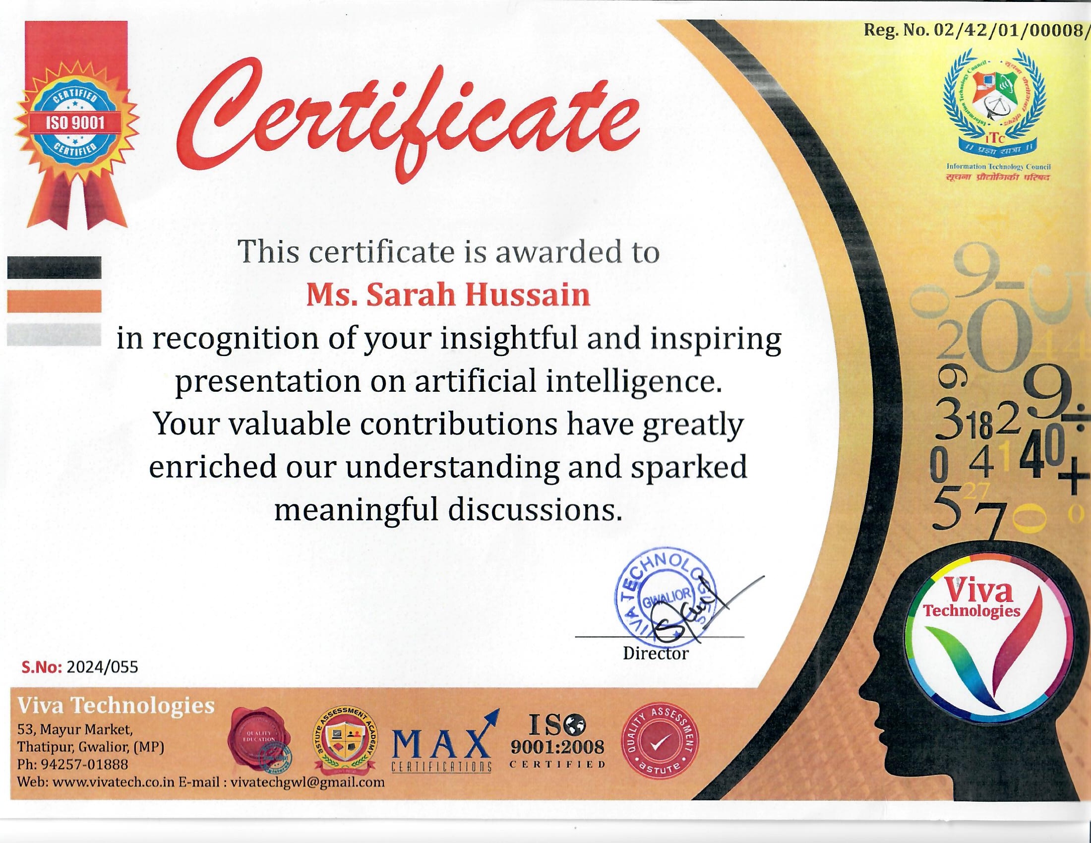 Certificate awarded to Sarah Hussain for an artificial intelligence presentation in India